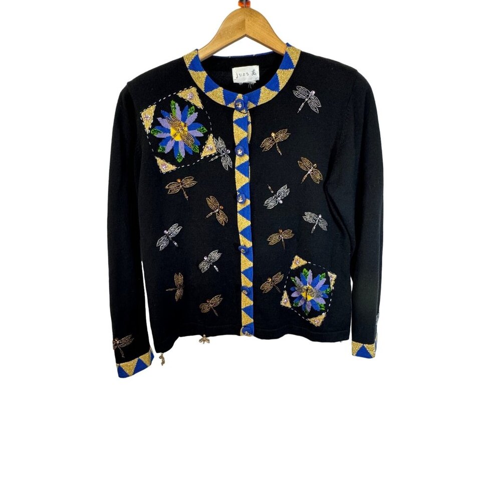 Vintage Just B cardigan beaded artsy dragonflies bold fun whimsy medium workwear